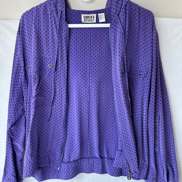 Chicos Design Silk Purple Polka Dot Zip Up Hooded Lightweight Jacket Size L (2) - Picture 5 of 14
